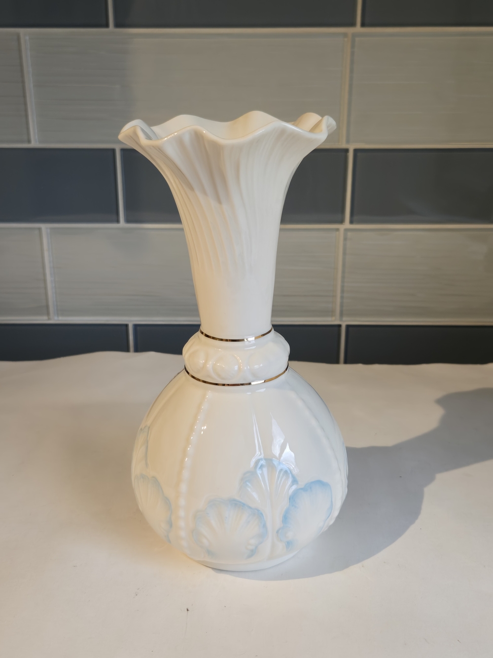 Belleek Rossmore White and Light Blue Decorative Ceramic Vase with Gold Trim